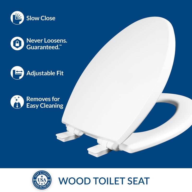 Mayfair Cassel Slow Close Toilet Seat, Easy Clean, Non Slip Premium Wood Seat, Easy Install, Made in USA, Elongated, White - Image 2